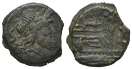 Anonymous, unofficial series (?), after 211 BC. Æ Semis (21.5mm, 6.26g, 6h). Laureate head of Saturn r. R/ Prow r.; retrograde S to r. Cf. Crawford 56...