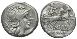 A. Spurilius, Rome, 139 BC. AR Denarius (18mm, 3.73g, 9h). Helmeted head of Roma r. R/ Diana driving biga r., holding goad. Crawford 230/1; RBW 960; R...