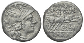 C. Renius, Rome, 138 BC. AR Denarius (17mm, 3.78g, 6h). Helmeted head of Roma r. R/ Juno Caprotina driving biga of goats r., holding whip, reins, and ...