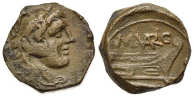 M. Vargunteius, Rome, 130 BC. Æ Quadrans (16mm, 3.74g, 8h). Head of Hercules r., wearing lion skin. R/ Prow of galley r.; M. (VAR)G above. Crawford 25...