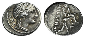 M. Herennius, Rome, 108-107 BC. AR Denarius (18mm, 3.80g, 10h). Diademed head of Pietas r.; PIETAS downward to l. R/ Amphinomus running r., carrying h...