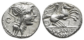 D. Silanus L.f., Rome, 91 BC. AR Denarius (18mm, 3.76g, 1h). Helmeted head of Roma r.; C behind. R/ Victory driving biga r.; [control mark above]. Cra...