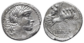 C. Vibius C.f. Pansa, Rome 90 BC. AR Denarius (20mm, 3.99g, 1h). Laureate head of Apollo r.; symbol below chin. R/ Minerva driving galloping quadriga ...