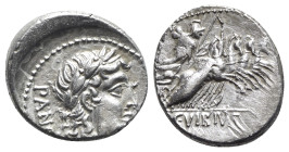 C. Vibius C.f. Pansa, Rome 90 BC. AR Denarius (19mm, 3.96g, 9h). Laureate head of Apollo r.; symbol below chin. R/ Minerva driving galloping quadriga ...