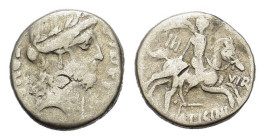A. Licinius Nerva, Rome, c. 47 BC, AR Denarius (15mm, 3.60g). Laureate head of Fides r. R/ Horseman galloping r., dragging naked warrior, holding shie...