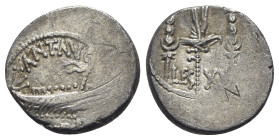 Mark Antony, Patrae (?), Autumn 32-spring 31 BC. AR Denarius (18mm, 3.81g, 5h). Legionary issue. Galley r. R/ LEG XV, legionary aquila between two sig...