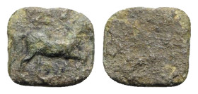 Roman Æ Tessera, c. 1st century BC - 1st century AD (11mm, 0.82g). Horse leaping r. R/ Blank. Green patina, VF