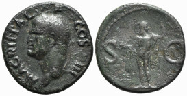 Agrippa (died 12 BC). Æ As (28mm, 11.00g, 6h). Rome, AD 37-41. Head l., wearing rostral crown. R/ Neptune standing l., holding small dolphin and tride...