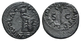 Nero (54-68). Æ Quadrans (15mm, 1.96g, 6h). Rome, AD 65. Helmet on column; shield r., spear behind. R/ Branch between S C. RIC I 317. Green patina, Go...