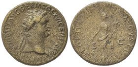 Domitian (81-96). Æ Dupondius (27mm, 13.01g, 6h). Rome, AD 92-4. Radiate head r. R/ Fortuna standing l., holding rudder and cornucopia. RIC II 753. Ro...