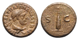 Trajan (98-117). Æ Quadrans (14mm, 2.80g, 6h). Rome, c. 98-102. Laureate bust of Hercules r., draped with lion's skin. R/ Club. RIC II 699. Brown pati...