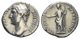Hadrian (117-138). AR Denarius (18mm, 3.30g, 6h). Rome, c. 132-4. Bareheaded bust l., slight drapery. R/ Clementia standing l., holding patera and sce...