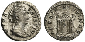 Diva Faustina Senior (died 140/1). AR Denarius (17.5mm, 3.06g, 11h). Rome, c. 146-161. Draped bust r. R/ Hexastyle temple in which is a seated figure ...