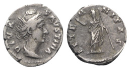 Diva Faustina Senior (died 140/1). AR Denarius (19mm, 3.54g, 6h). Rome, c. 146-161. Draped bust r. R/ Aeternitas (or Juno) standing l., raising hand a...