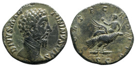 Divus Marcus Aurelius (died AD 180). Æ Sestertius (30mm, 22.58g, 11h). Rome, AD 180. Bare head r. R/ Divus Marcus Aurelius, holding sceptre, seated l....