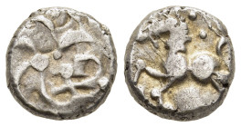 CENTRAL EUROPE. Vindelici. Quinarius (1st century BC). "Büschelquinar" type.

Obv: Whirl of six sickles; two pellets in centre.
Rev: Stylized horse re...