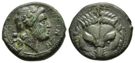 BRUTTIUM. Rhegion. Ae (Circa 351-280 BC)

Obv: Head of lion facing.
Rev: PHΓINΩN.
Laureate head of Apollo right; uncertain symbol behind. 

Cf. SNG AN...
