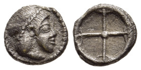 SICILY. Syracuse. Deinomenid Tyranny (485-466 BC). Litra.

Obv: Head of Arethusa to right, wearing necklace and pearl diadem.
Rev: Wheel of four spoke...