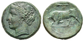 SICILY. Syracuse. Hieron II (275-215 BC). Ae.

Obv: ΣYPAKOΣIΩN. 
Wreathed head of Persephone left.
Rev: Bull butting left; above, club and Δ (?); in e...