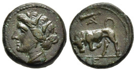 SICILY. Syracuse. Hieron II (275-215 BC). Ae. 

Obv: Wreathed head of Persephone left.
Rev: Bull butting left; club and AY above, IE in exergue. 

CNS...