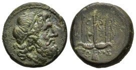 SICILY. Syracuse. Hieron II (275-215 BC). Ae.

Obv: Head of Poseidon right, wearing tainia.
Rev: ΙΕΡΩ - ΝΟΣ. 
Ornamented trident head flanked by two d...