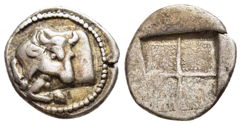 MACEDON. Akanthos. Tetrobol (Circa 430-390 BC).

Obv: Forepart of bull left, hea...