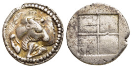 MACEDON. Akanthos. Tetrobol (Circa 430-390 BC). 

Obv: Forepart of bull left, head right; olive spray and monogram above.
Rev. Quadripartite incuse sq...