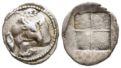 MACEDON. Akanthos. Tetrobol (Circa 430-390 BC).

Obv: Forepart of bull left, head right; Π and olive branch above.
Rev: Quadripartite incuse square wi...