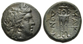 MACEDON. Amphaxioi (Circa 196-168 BC). Ae Thessalonica.

Obv: Laureate head of Apollo right.
Rev: MAKE–ΔONON. 
Tripod; monogram to outer left. 

ACULA...