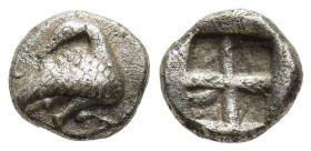 MACEDON. Eion. Trihemiobol (Circa 500-480 BC).

Obv: Goose standing right, head reverted; lizard above.
Rev. Quadripartite incuse square.

SNG AN...