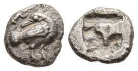 MACEDON. Eion. Obol (Circa 500-480 BC).

Obv: Goose standing right, head left; above, lizard left.
Rev: Quadripartite incuse square.

SNG ANS 276...