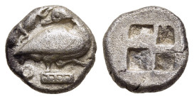 MACEDON. Eion. Diobol (Circa 480-460 BC).

Obv: Goose, with head left, standing right on decorated base; above, lizard left; Θ to lower left.
Rev: ...