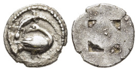 MACEDON. Eion. Trihemiobol (Circa 460-400 BC).

Obv: Goose standing right, head reverted; lizard above.
Rev: Quadripartite incuse square.

SNG AN...