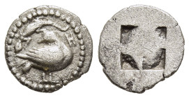 MACEDON. Eion. Trihemiobol (Circa 460-400 BC).

Obv: Goose standing right, head turned back to left; above, lizard to left; to right, Η.
Rev. Quadr...