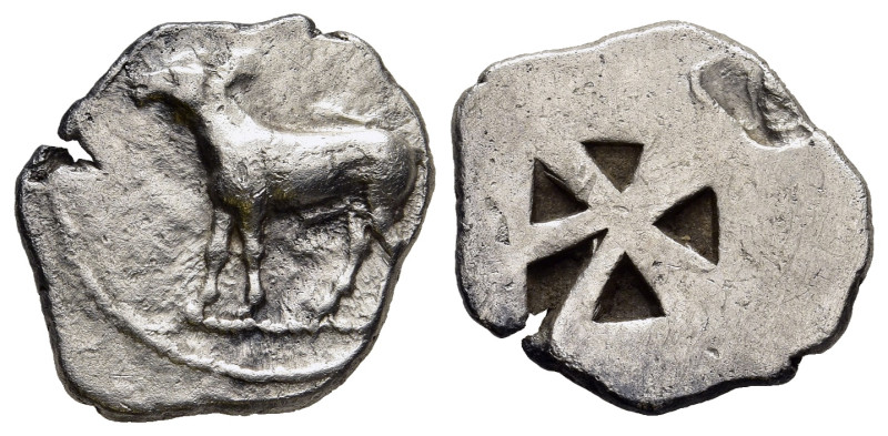 MACEDON. Mende. Tetrobol (Circa 510-480 BC).

Obv: Donkey standing left.
Rev....