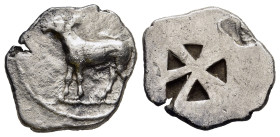 MACEDON. Mende. Tetrobol (Circa 510-480 BC).

Obv: Donkey standing left.
Rev. Incuse square of mill-sail pattern.

BMC 2; SNG Cop. 200; SNG ANS 3...