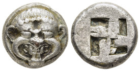 MACEDON. Neapolis. Fourrèe Stater (Circa 500-480 BC).

Obv: Facing gorgoneion with protruding tongue.
Rev: Quadripartite incuse square.

SNG ANS 406-1...