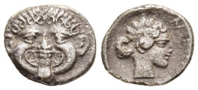  MACEDON. Neapolis. Hemidrachm (Circa 375-350 BC).

Obv: Facing gorgoneion.
Rev: ΝΕΟ[Π]. 
Head of nymph right within incuse square.

SNG ANS 455-9; HG...