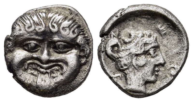 MACEDON. Neapolis (Late 5th-early 4th century BC). Hemidrachm. 

Obv: Facing gor...