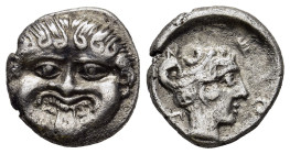 MACEDON. Neapolis (Late 5th-early 4th century BC). Hemidrachm. 

Obv: Facing gorgoneion.
Rev: N- E- O- Π. 
Female head right.

SNG ANS 430-59.
Conditi...