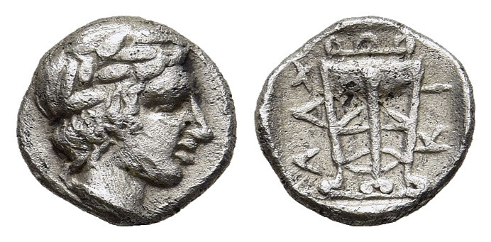 MACEDON. Chalkidian League. Hemiobol (Circa 432-348 BC). Olynthos. 

Obv: Laurea...