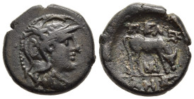 MACEDON. Pella. Ae (Circa 187-168 BC).

Obv: Helmeted head of Athena right.
Rev: ΠEΛ / ΛΗΣ. 
Cow grazing right; monogram to right and below.

SNG ANS ...
