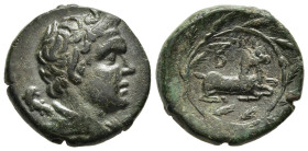MACEDON. The Bottiaei. Ae (Circa 168-148 BC). Pella.

Obv: Head of Pan right, lagobolon over shoulder.
Rev: B.
Two recumbent goats right, monogram abo...