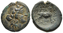 MACEDON. Thessalonica. Ae Tetrachalkon (circa 187-131 BC).

Obv: Wreathed head of Dionysos right.
Rev: ΘEΣΣA–ΛONIKH–Σ.
Goat right; monogram to right.
...
