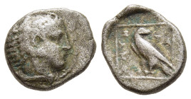 KINGS OF MACEDON. Amyntas III (393-369 BC). Diobol. Pella. 

Obv: Head of Herakles right, wearing lion's skin.
Rev: AMYNTA. 
Eagle standing left, head...