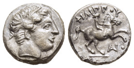 KINGS OF MACEDON. Philip II (359-336 BC). 1/5 Tetradrachm. Amphipolis.

Obv: Diademed male head right.
Rev: ΦΙΛΙΠΠΟΥ. 
Youth on horse rearing right; m...