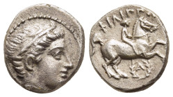 KINGS OF MACEDON. Philip II (359-336 BC). 1/5 Tetradrachm. Amphipolis.

Obv: Diademed male head right.
Rev: ΦΙΛΙΠΠΟΥ. 
Youth on horse rearing right; b...
