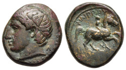 KINGS OF MACEDON. Philip II (359-336 BC). Ae Unit. Uncertain mint in Macedon.

Obv: Diademed male head left.
Rev. ΦΙΛΙΠΠΟΥ.
Youth on horseback right, ...