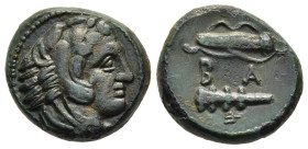 KINGS OF MACEDON. Alexander III 'the Great' (336-323 BC). Ae Unit. Uncertain mint in Macedon. 

Obv: Head of Herakles right, wearing lion skin.
Rev: B...