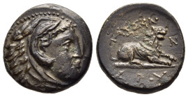 KINGS OF MACEDON. Kassander (316-297 BC). Ae. Pella.

Obv: Head of Herakles right, wearing lion skin headdress.
Rev: ΚΑΣΣΑΝ / ΔPOY. 
Lion crouching ri...